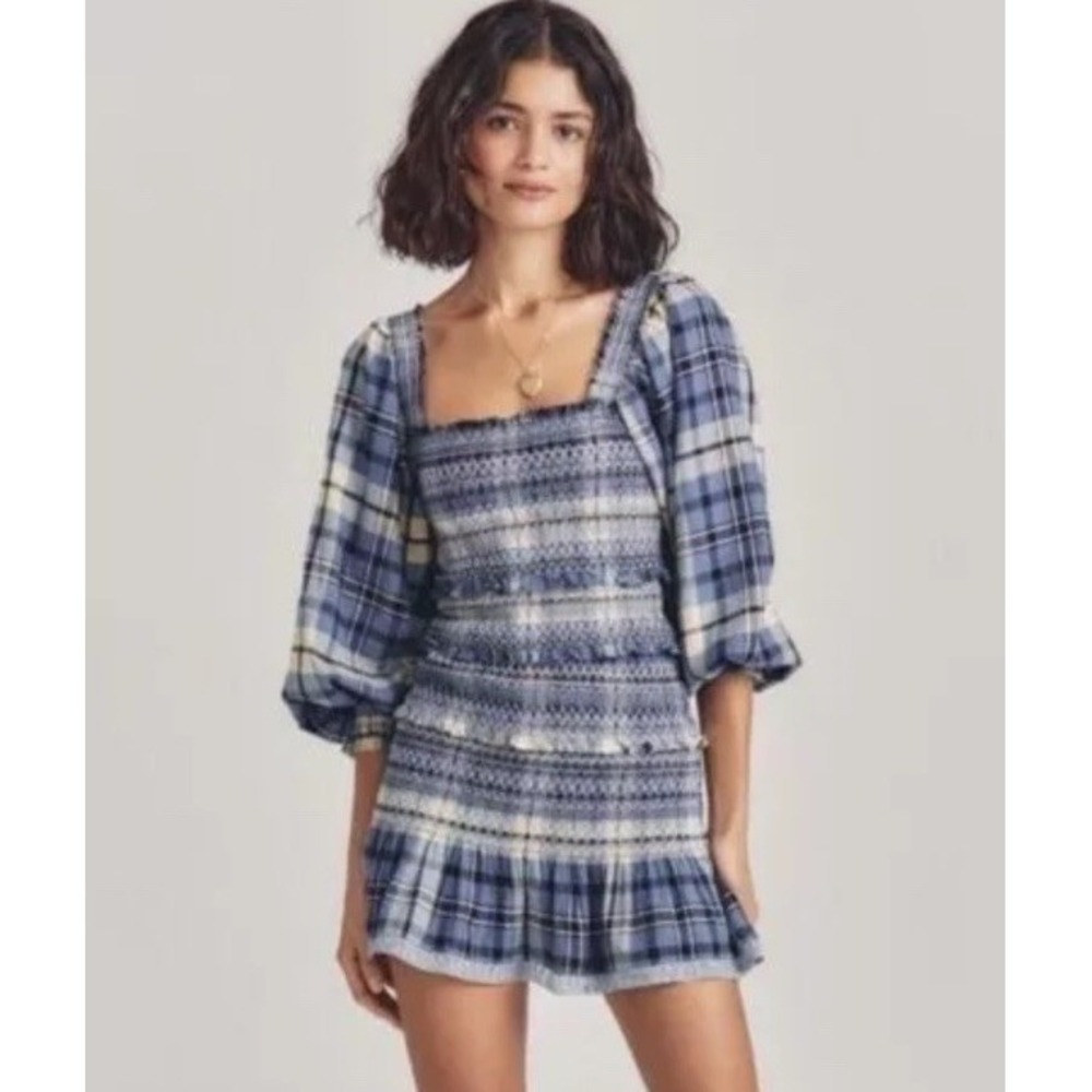 LoveShackFancy Stanley‎ Smocked Plaid Dress Denim Skies Womens Size XS